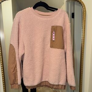 UGG Pink Sherpa Pullover with Tan Zip Pocket